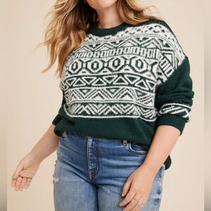 Maurices Fuzzy Sweater Green & White Soft Stretchy Flattering cut size 3X NWT